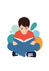 A young boy sits comfortably cross-legged reading an open book with a colorful abstract background.