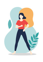 A woman performing a dynamic workout routine in a stylized abstract environment.