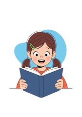 A young girl with pigtails happily reads an open book wearing an orange shirt.