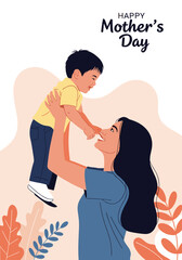 Happy mothers day celebration with a mother lifting her son in the air.