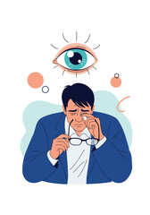 A man is struggling with blurry vision and eye strain while trying to clean his glasses.