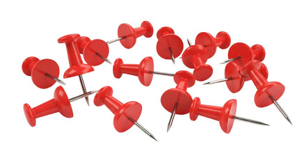 Pile of red thumbtacks isolated on transparent background, office supplies concept