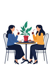 Two friends enjoying coffee and conversation at a cafe table surrounded by plants.