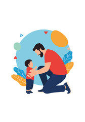 A father crouches down to encourage his young son who is learning to walk.