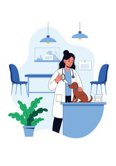 Veterinarian giving a shot to a small brown dog in a clinic.
