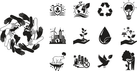 Global Environmental Empowerment Silhouette Set | Eco Awareness Vector & Sustainability Activism Concept
