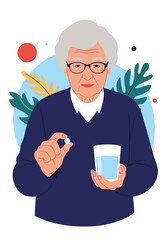 An elderly person holding a pill and a glass of water for medication.
