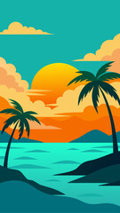 Vibrant tropical sunset with palm trees and ocean waves in flat design style