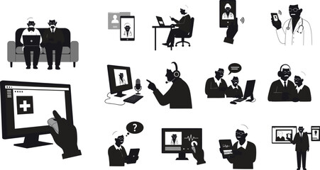 Online Health Consultation for Seniors Silhouette Set | Telemedicine Vector Icons & Elderly Care Design
