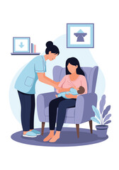 Healthcare professional assists a mother with breastfeeding her newborn baby in a comfortable chair.
