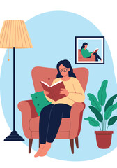 A woman sits comfortably in a chair reading a book on a lazy afternoon.