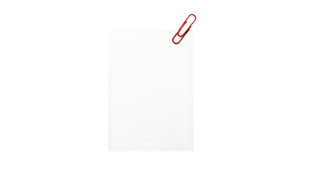 Blank white paper with red paper clip isolated on transparent background for notes