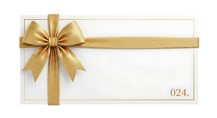 Elegant gift card isolated on transparent background featuring a golden ribbon bow