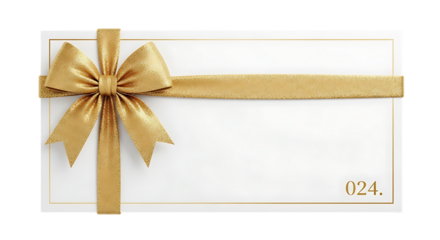 Elegant gift card isolated on transparent background featuring a golden ribbon bow