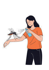 Woman spraying insect repellent on her arm to protect against mosquito bites.