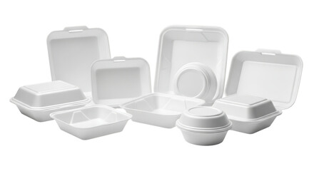 Collection of white styrofoam food containers isolated on transparent background