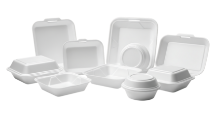 Collection of white styrofoam food containers isolated on transparent background