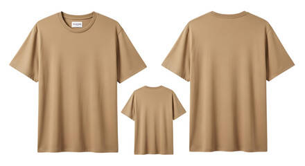 Tan tshirt with short sleeves isolated on transparent background, front and back