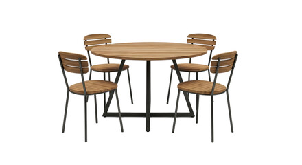 Round wooden dining table with four chairs isolated on transparent background