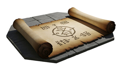 Old scroll with ancient map isolated on transparent background, ready for adventure