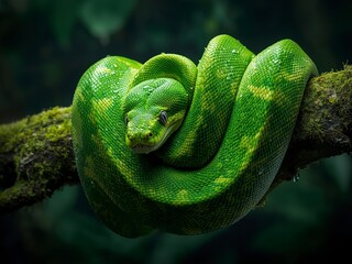 Fototapeta premium Vibrant emerald green python coiled serenely on a moss covered branch in a lush tropical rainforest with dew drops glistening on its scales