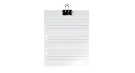 Sheet of lined paper held by a binder clip isolated on transparent background