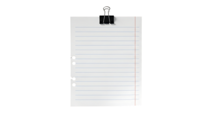 Sheet of lined paper held by a binder clip isolated on transparent background