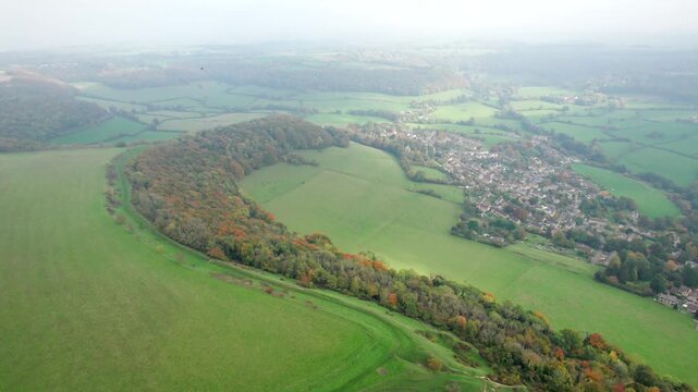amazing aerial view Uley, Village in Cotswolds, near Dursley. Autumn Travel in United Kingdom