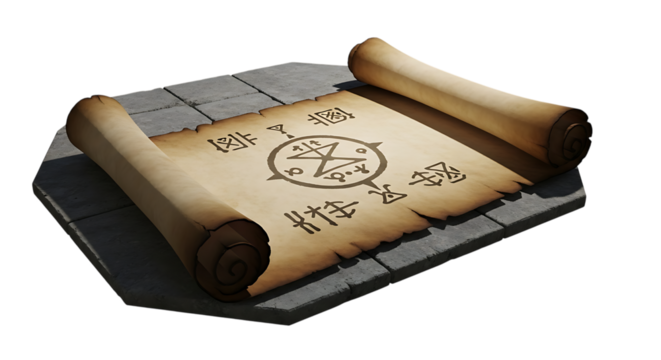 Old scroll with ancient map isolated on transparent background, ready for adventure