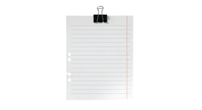 Sheet of lined paper held by a binder clip isolated on transparent background - Powered by Adobe