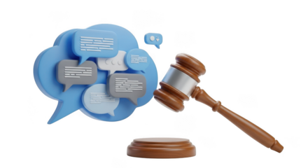 Justice served digital rights legal gavel and social media icons cloud concept