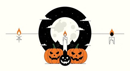 A spooky halloween scene featuring pumpkins, candles, and a full moon isolated on white background, perfect for cards, invitations, and festive decorations