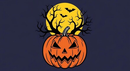 A spooky halloween pumpkin with a scary face sits beneath a full moon with bats flying around it, creating a festive and eerie atmosphere for the holiday