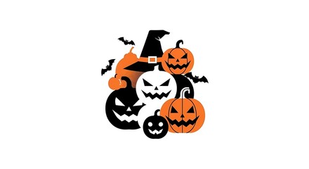 A festive halloween scene isolated on white background featuring a collection of pumpkins, a witch hat, and bats, perfect for holiday decorations