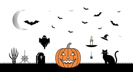 Spooky halloween night scene with pumpkin, bats, ghost, cat, and tombstone isolated on white background perfect for festive designs and decorations