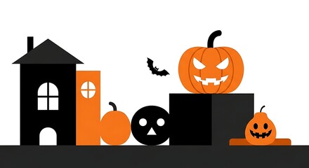 Halloween night scene with haunted house, pumpkins, and bat isolated on white background perfect for spooky season designs and festive decorations