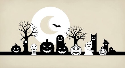 Halloween silhouette scene with pumpkins, ghosts, and trees perfect for spooky season designs and festive decorations with a vintage feel