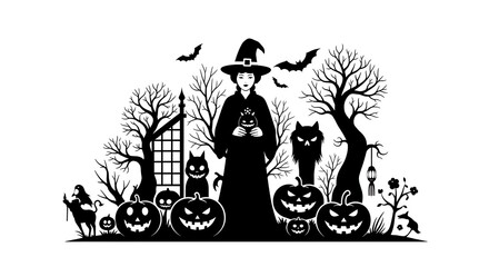 A spooky halloween scene isolated on white background features a witch surrounded by pumpkins, black cats, bats, and bare trees, creating a festive and eerie atmosphere
