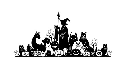 A whimsical halloween scene isolated on white background showcases a witch surrounded by cats, pumpkins, and other spooky elements, creating a playful and festive atmosphere