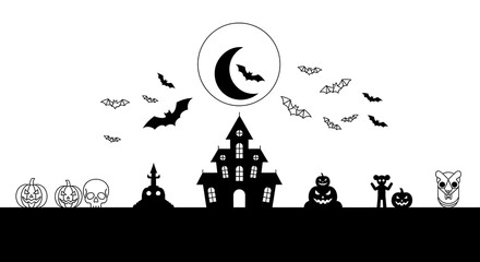 A haunted halloween scene isolated on white background features a spooky house, bats, pumpkins, and a crescent moon, creating a chilling and festive atmosphere