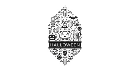 Halloween line art vector illustration with pumpkin, ghost, bat, tombstone, skeleton, and moon isolated on white background perfect for cards, invitations, posters