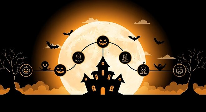 Halloween night scene with haunted house, full moon, bats and pumpkins spooky halloween background with scary pumpkins, bats, and a haunted house silhouette