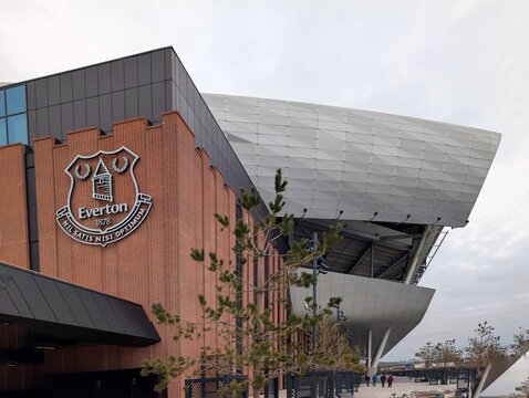 Vauxhall, Liverpool UK 10 18 2025 Hill Dickinson stadium, the new home of Everton Football Club. Showing the club logo high up on side of the stadium.
