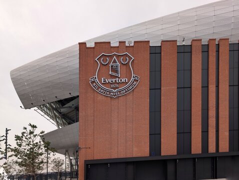 Vauxhall, Liverpool UK 10 18 2025 Hill Dickinson stadium, the new home of Everton Football Club. Showing the club logo high up on side of the stadium.