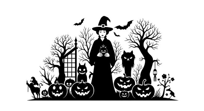 A spooky halloween scene isolated on white background features a witch surrounded by pumpkins, black cats, bats, and bare trees, creating a festive and eerie atmosphere