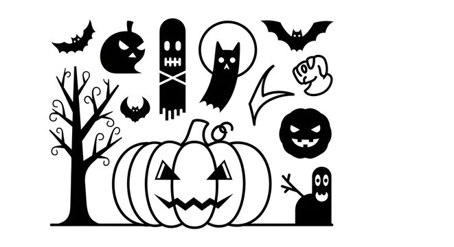 Halloween silhouette collection isolated on white background featuring pumpkins, bats, ghosts, and a spooky tree, perfect for creating festive decorations