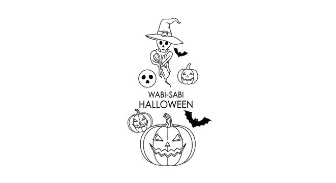 Halloween themed illustration isolated on white background featuring a skeleton, pumpkins, bats, and the words warsam halloween, perfect for seasonal designs