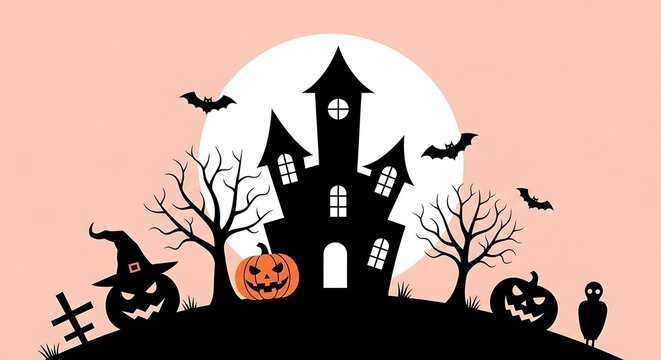 A haunted house looms against a full moon, surrounded by pumpkins, bats, and bare trees, creating a spooky halloween scene with a witchs hat and tombstones