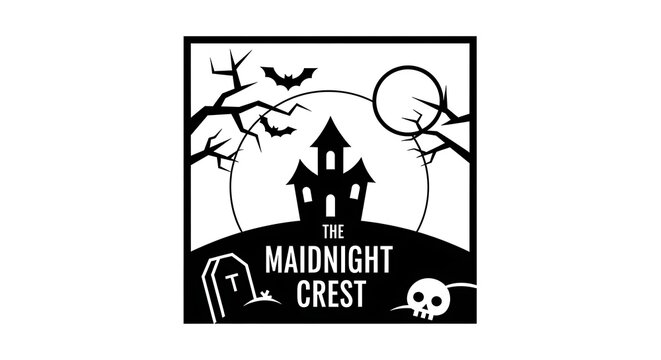 A spooky halloween crest isolated on white background featuring a haunted house, bats, moon, tombstone, and skull for a scary and festive design element