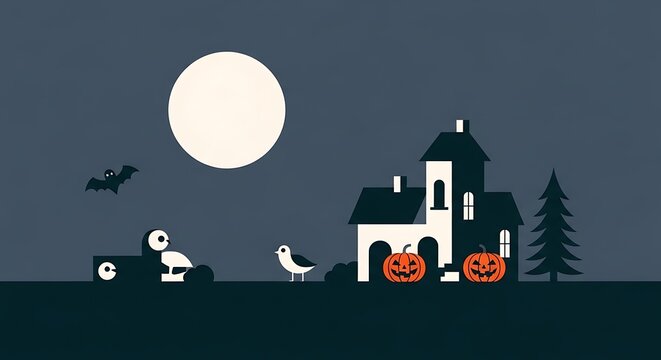 A spooky halloween night scene with a haunted house under a full moon, bats flying, pumpkins glowing, and owls perched, creating a festive and eerie atmosphere